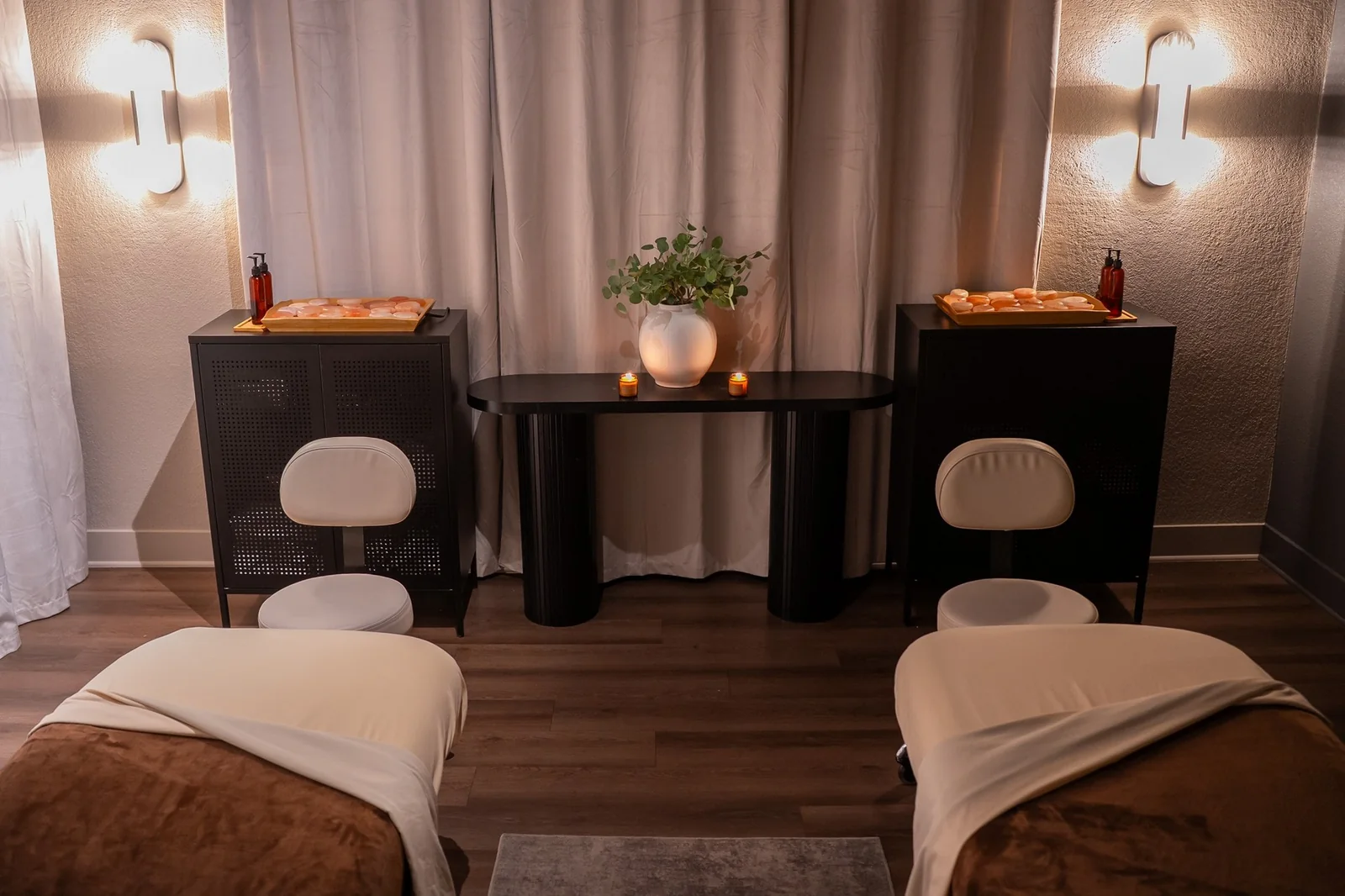 Day Spa at Zend Out Massage Spa Denver 31 Actual Englewood private couples suite, two treatment tables, warm light and hot stones.